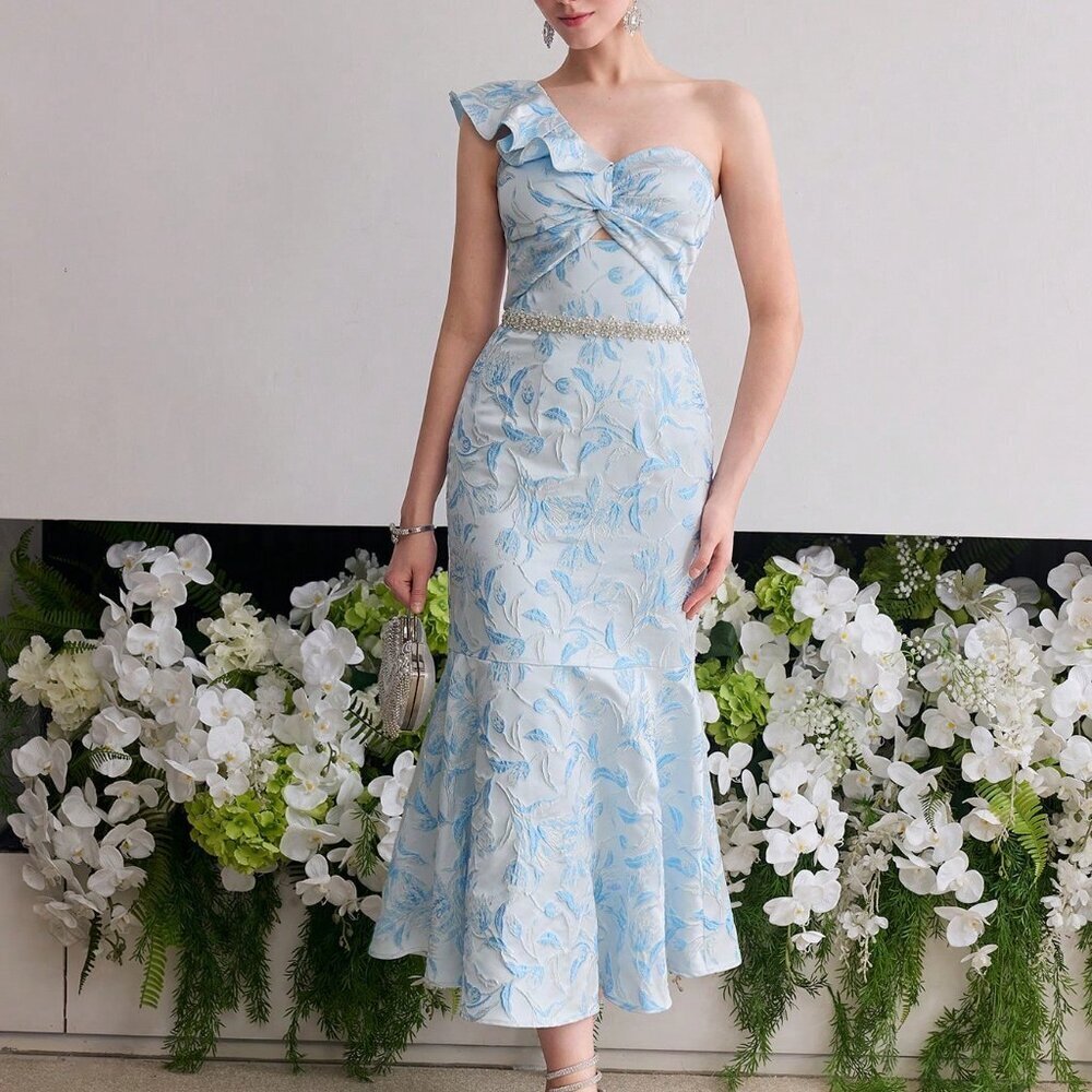 Blue Elegant Women's Floral Print Twist Formal Evening Dress
